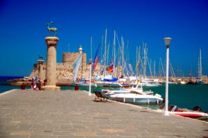 Statue of stags on columns at a harbor, Rhodes, Greece