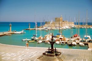 High angle view of the Saint Nicolas Fortress and Harbor, Rhodes, Greece